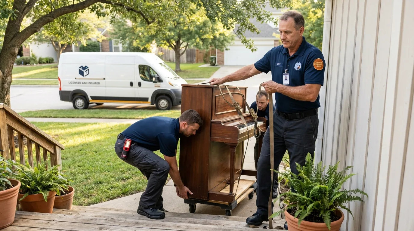 Licensed piano movers securing grand piano in Auburn Hills, MI