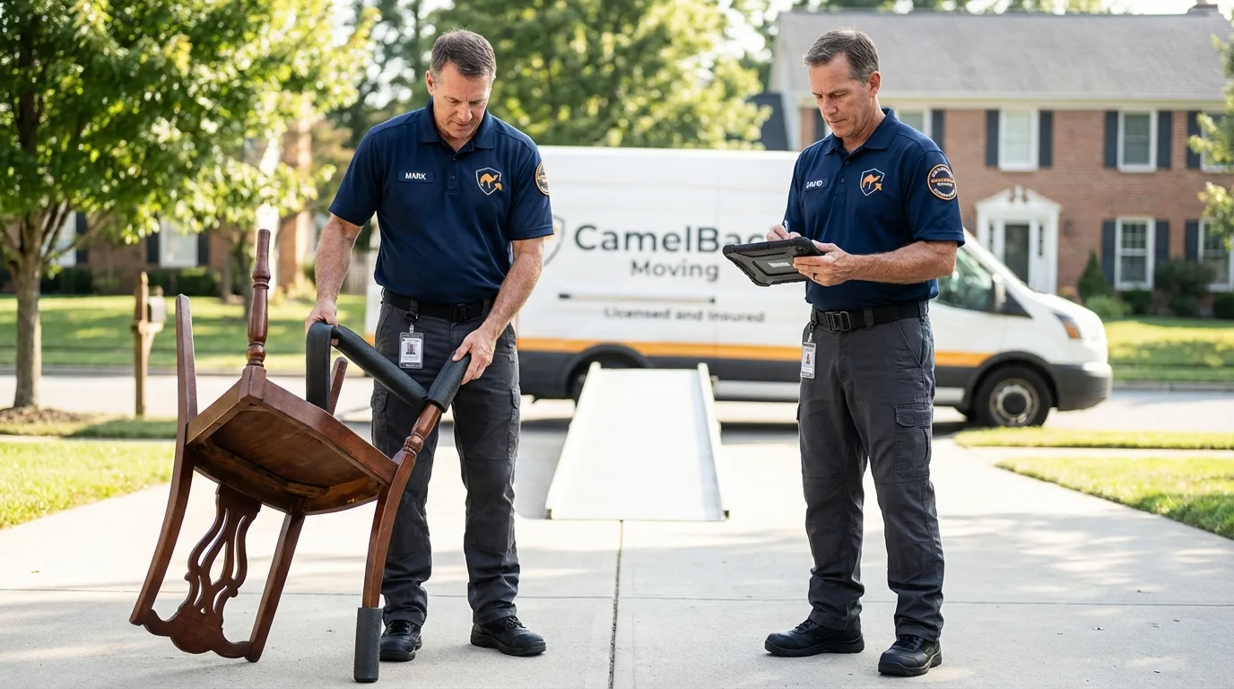 Movers inspecting furniture for damage prevention before loading in Auburn Hills, MI
