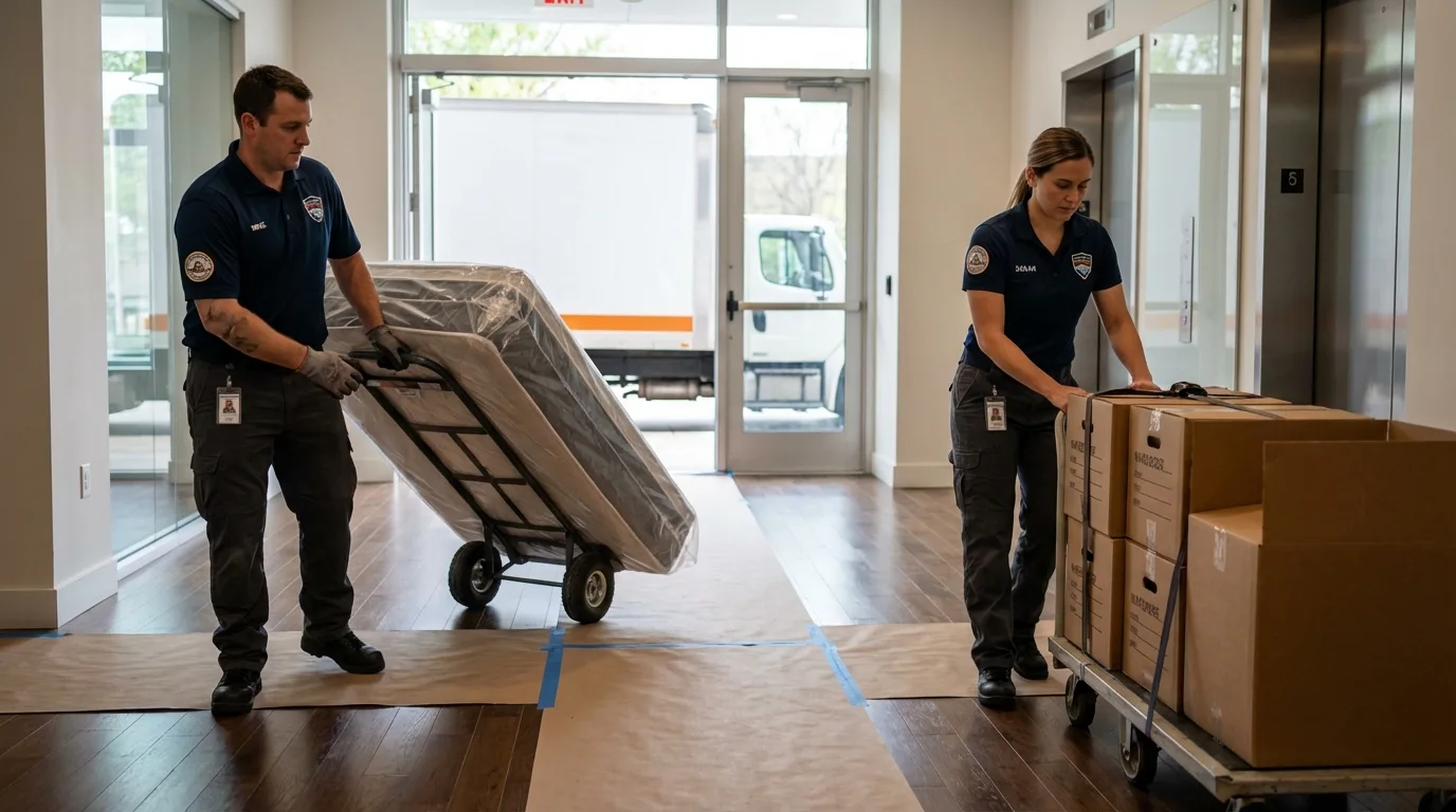 Professional apartment movers loading elevator in Auburn Hills, MI