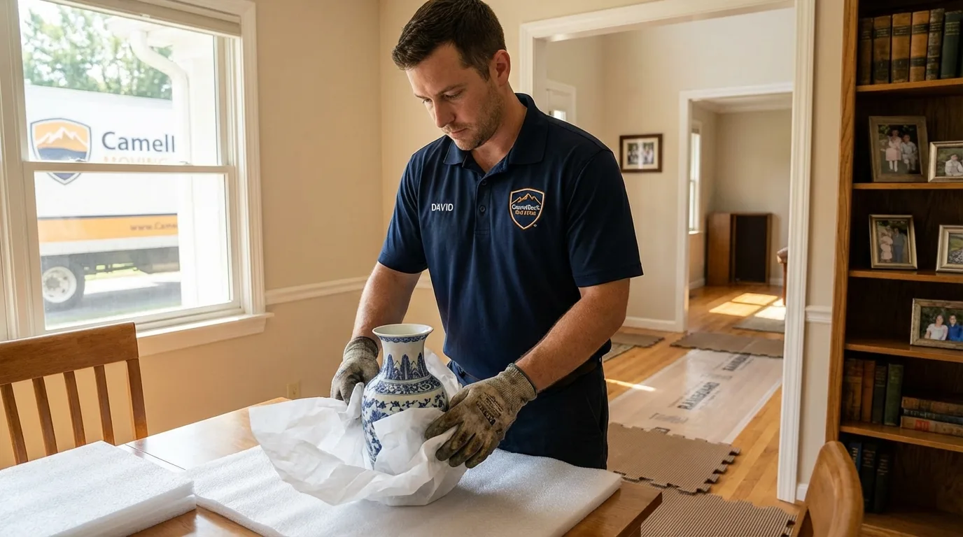 Professional crew carefully wrapping antique vase for senior downsizing move in Auburn Hills, MI